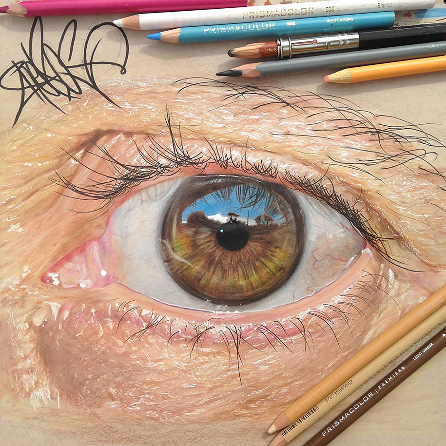 Colored pencil art Hyperrealistic eyes by 19yearold artist