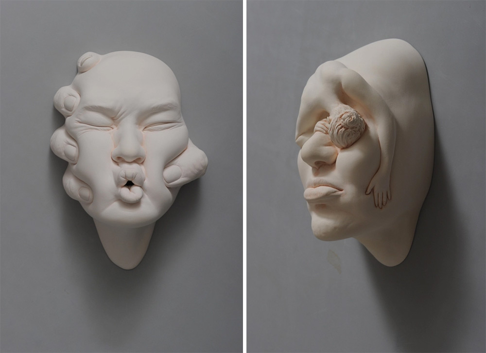 Abstract porcelain clay faces by artist Johnson Tsang