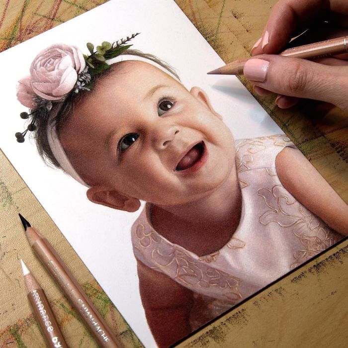 Photorealistic portraits of colored pencil and graphite